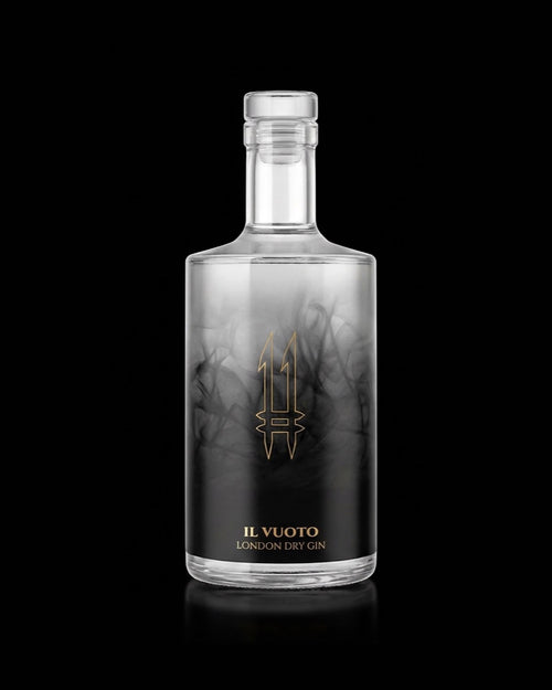 Round bottle of N.11 Il Vuoto London Dry Gin with black gradient and gold 11 logo